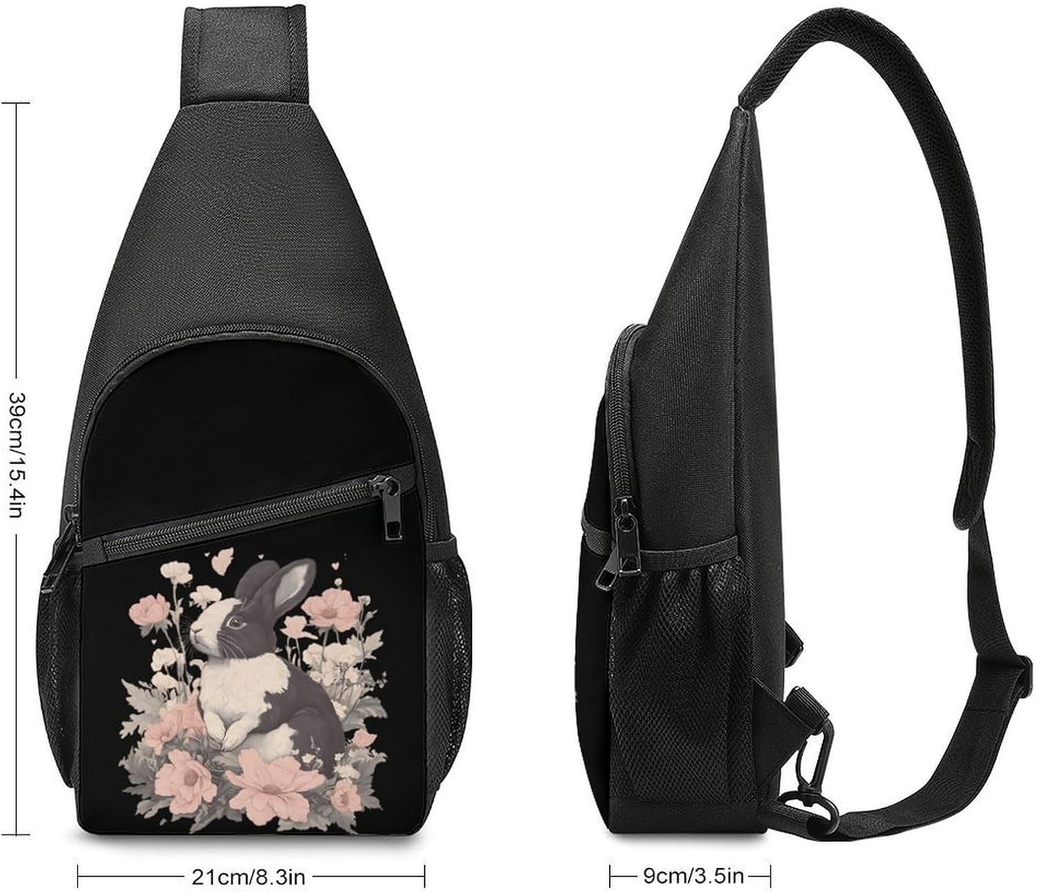 Rabbits And Hibiscus Flowers Crossbody Sling Backpack Chest Bag Daypack | unisex,trendy,with convertible and detachable shoulder strap,side pockets