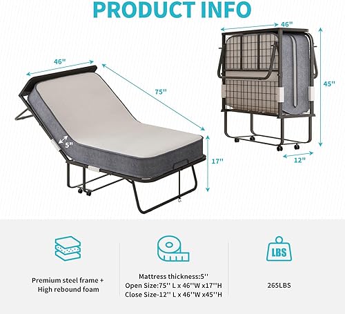 Miniatura 10 de CECER Cama plegable de tamaño individual con colchón de espuma de 4 pulgadas, cama plegable de 75 x 38 pulgadas, cama de invitados que ahorra