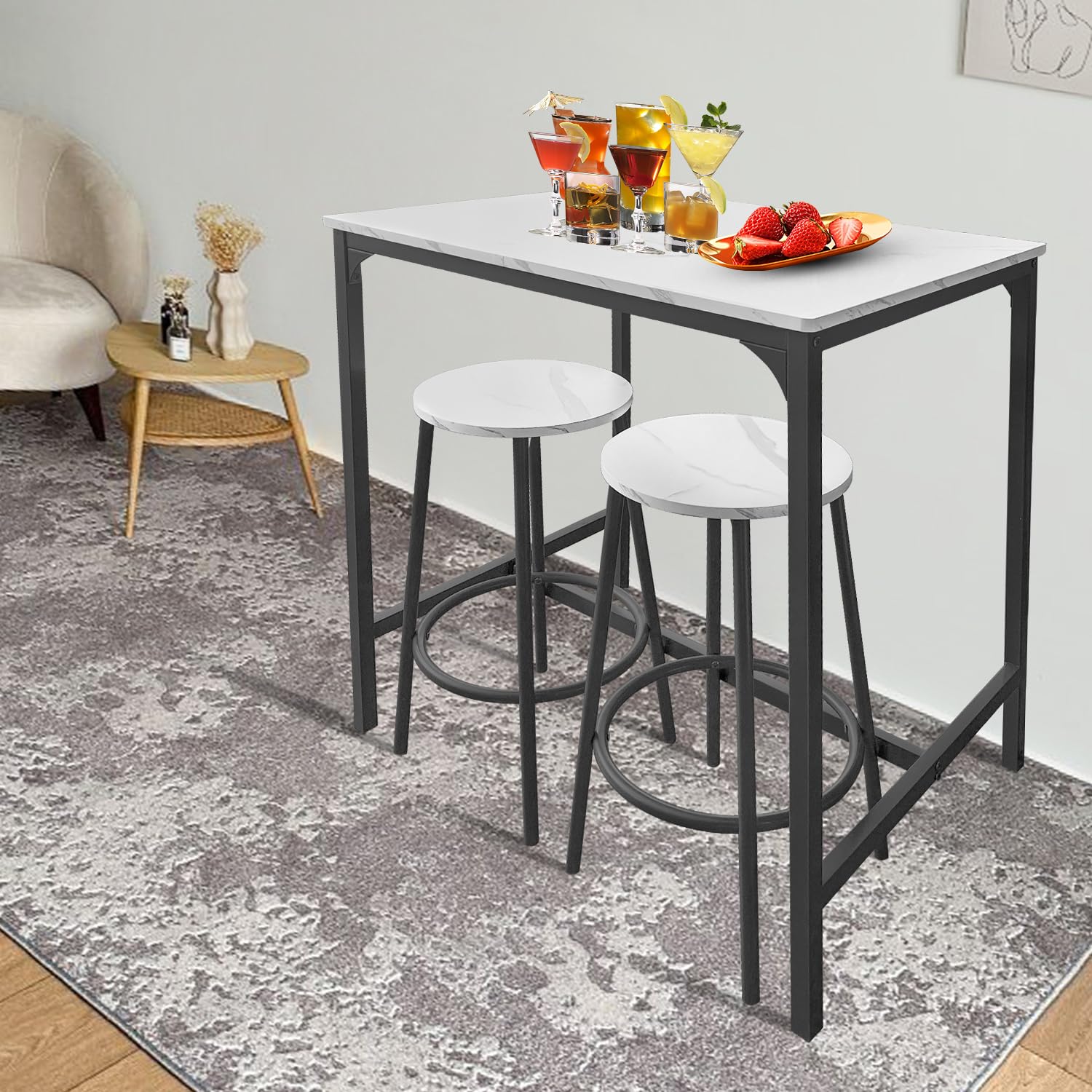 AT-VALY Juego de mesa de bar de 3 piezas con 2 taburetes, juego de mesa de comedor, espacios pequeños (negro)