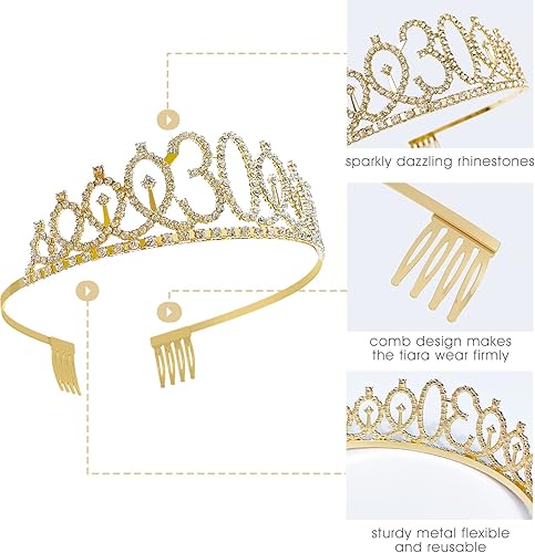 Miniatura 2 de Juego de tiara de banda y diamantes de imitación para cumpleaños número 30, regalos de cumpleaños de 30 años para ella, decoraciones de fiesta para