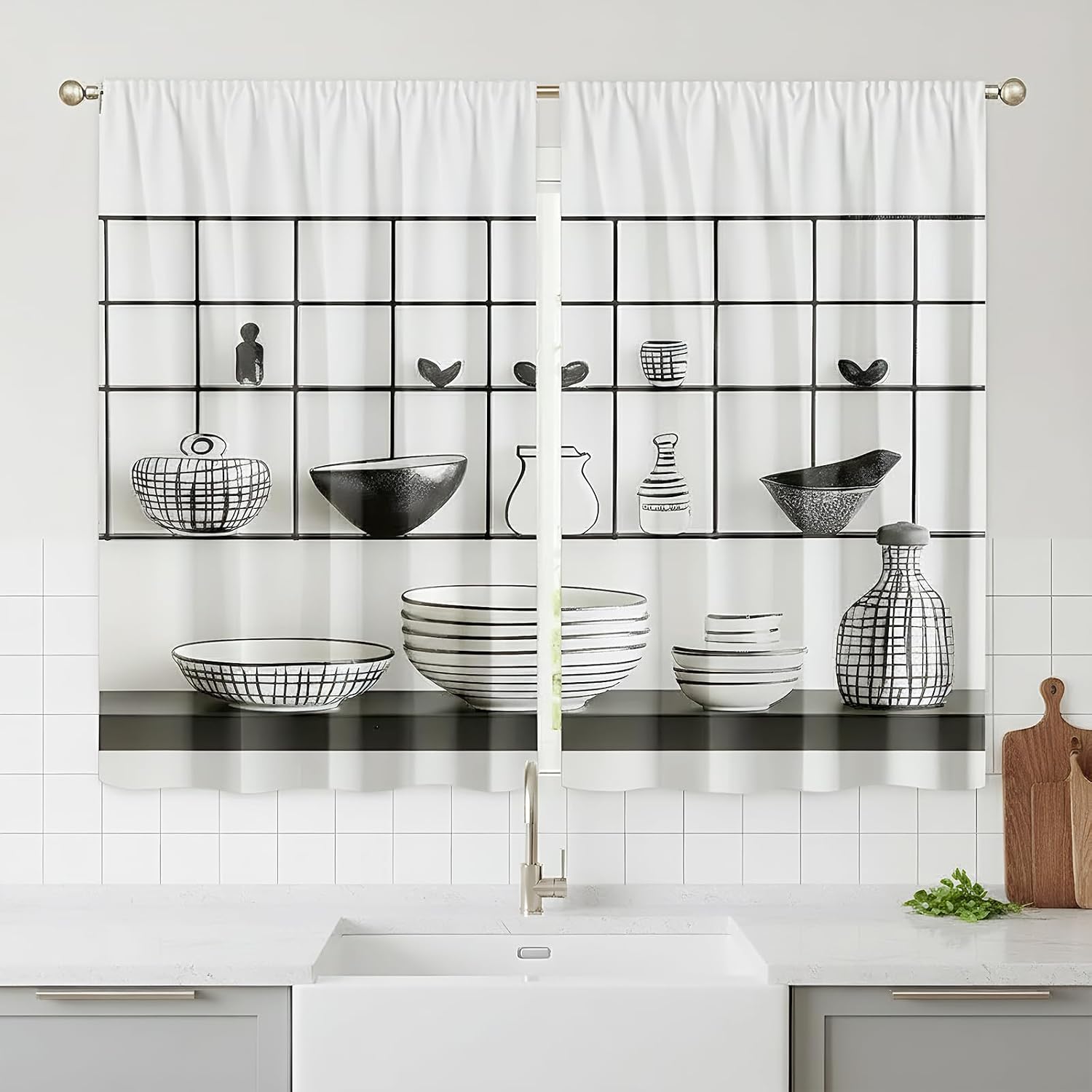 Kitchen Curtains Sets for Windows - 2 Panels 55x39 Inch Rustic Farmhouse Letter Pattern Kitchen Window Curtains, Rod Pocket Country Short Small Cafe Window Curtains Drapes Treatment(A-White)