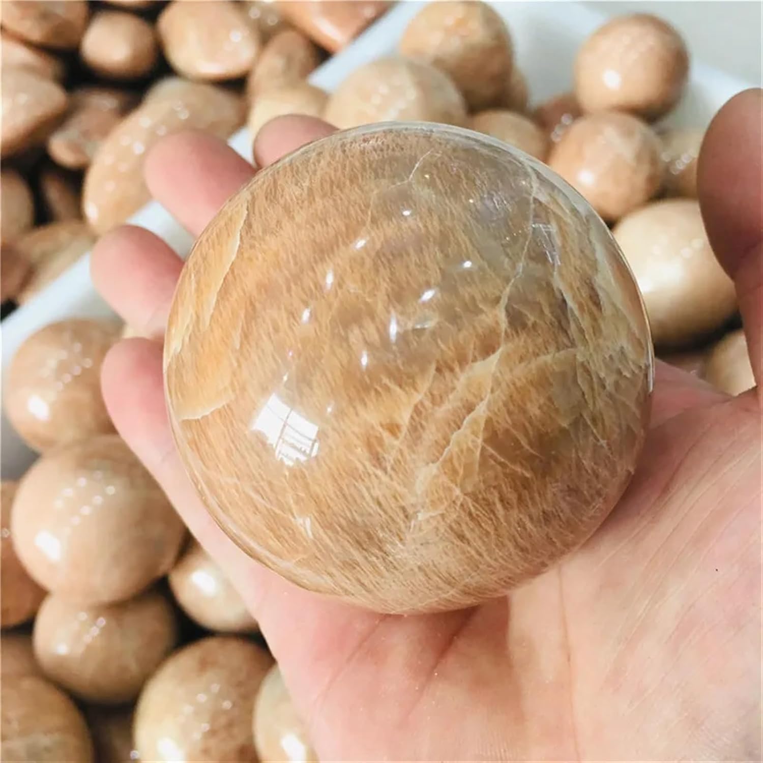 AtkitS Beautiful Natural Peach Moonstone Sphere Quartz Crystal Stone Ball Healing Reiki Decoration Gift 1pc (Size : 5-5.5cm)