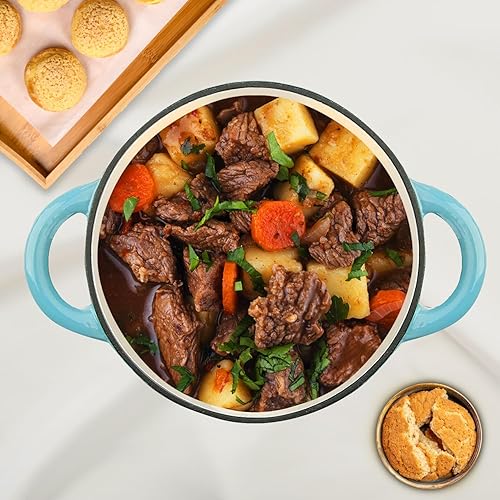 Miniatura 7 de Horno holandés de hierro fundido esmaltado de 4.5 cuartos de galón con tapa, horno holandés redondo grande de doble asa, olla redonda clásica para