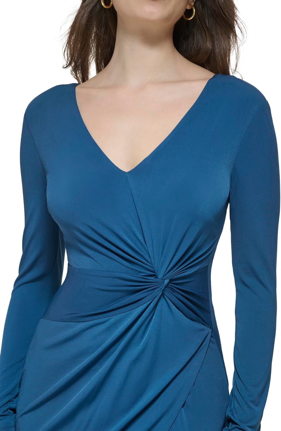 Guess Womens Knot Detail Fitted Long Sleeve V-Neck Dress - Image 4