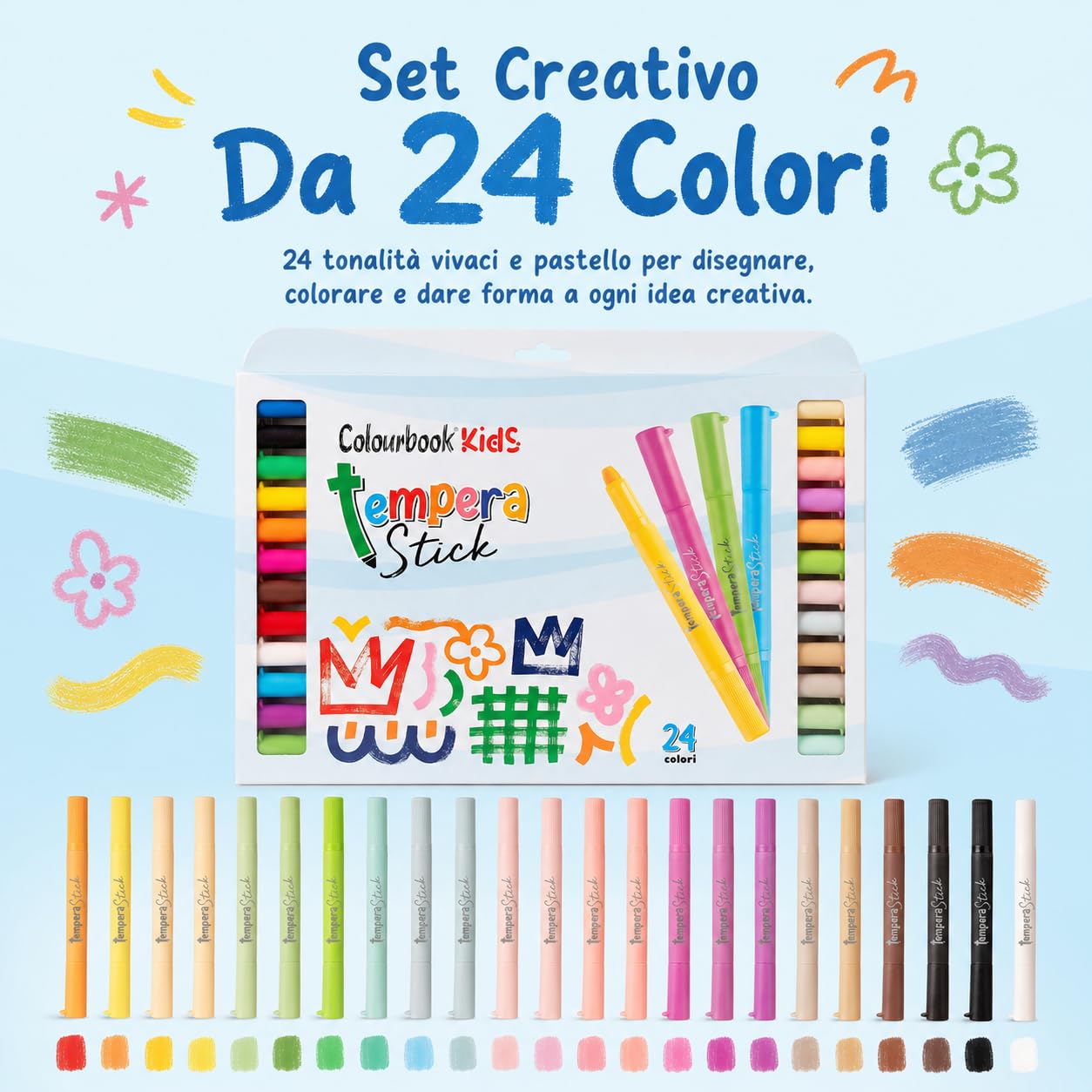 Colourbook Kids Set 24 Tempera Stick - Tempere Solide Lavabili per Bambini, Colori Vivaci Alta Coprenza, Asciugatura Rapida, Senza Solventi, Effetto Cera e Tempera