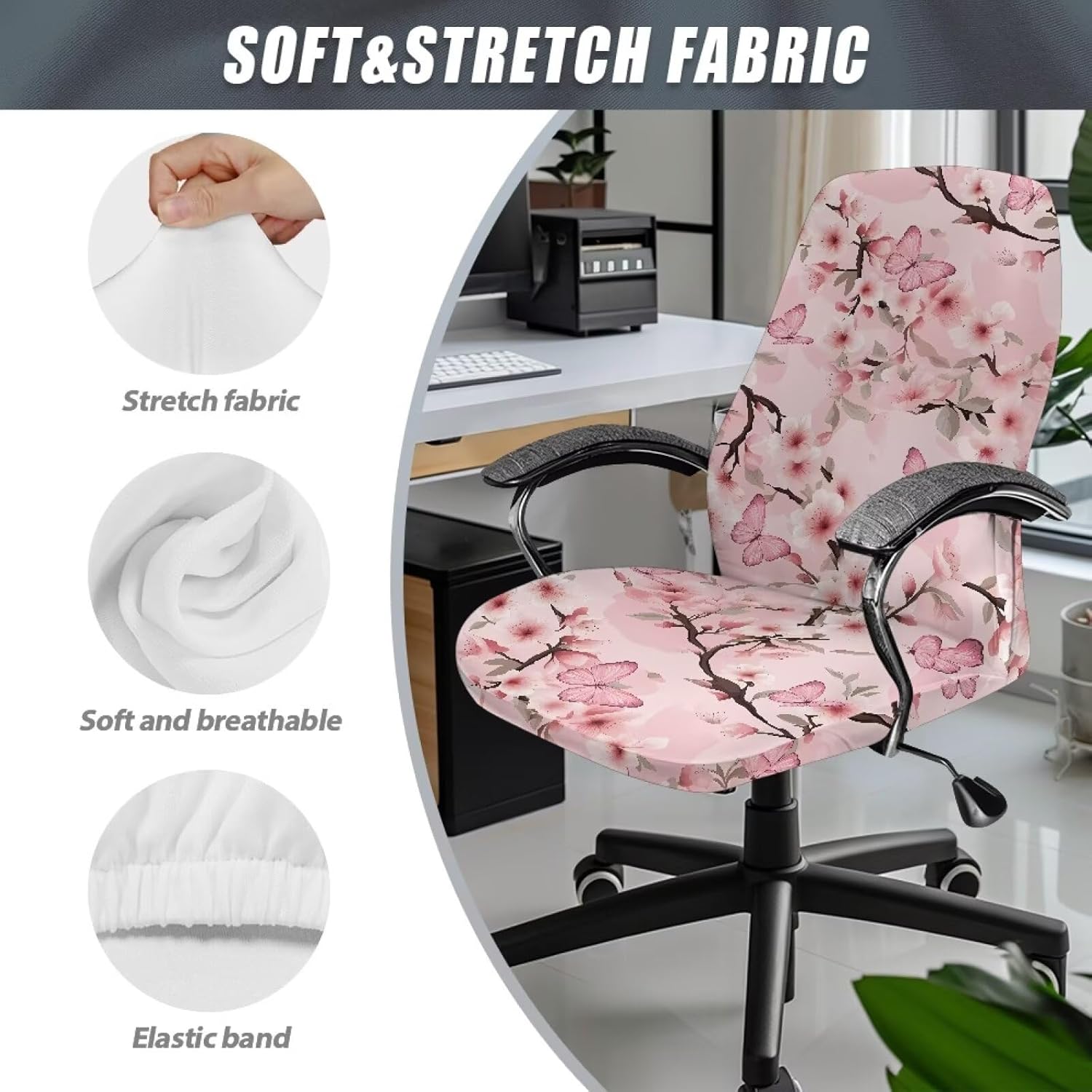 Talayituse Butterfly Cherry Blossom Print Stretch Computer Office Chair Cover Universal Rotating Chair Desk Chair Cover High Back Chair Slipcover for Desk Computer Chair, L