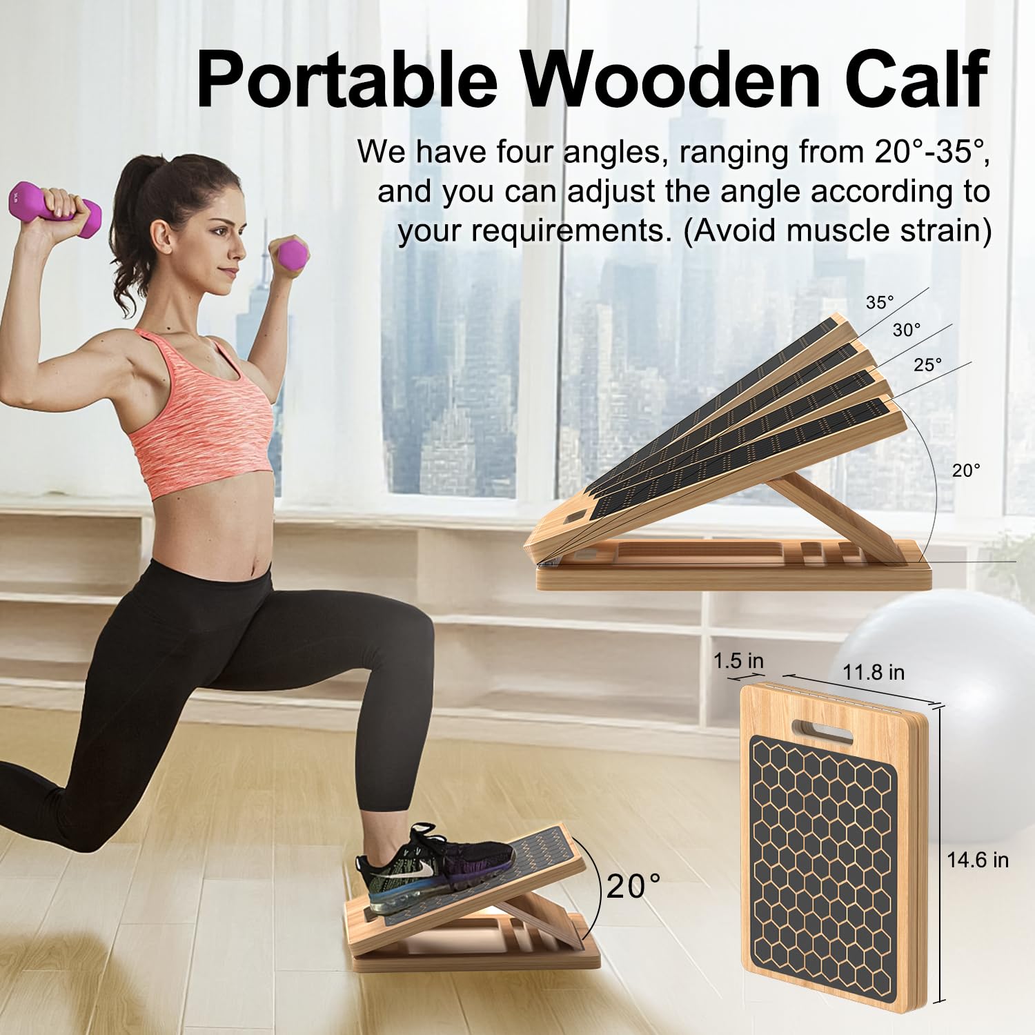 Planche inclinée en bois pour étirement des mollets, réglable et portable avec guide d'entraînement, capacité de charge de 136 kg, équipement de physiothérapie pour jambes, genoux, talons et chevilles