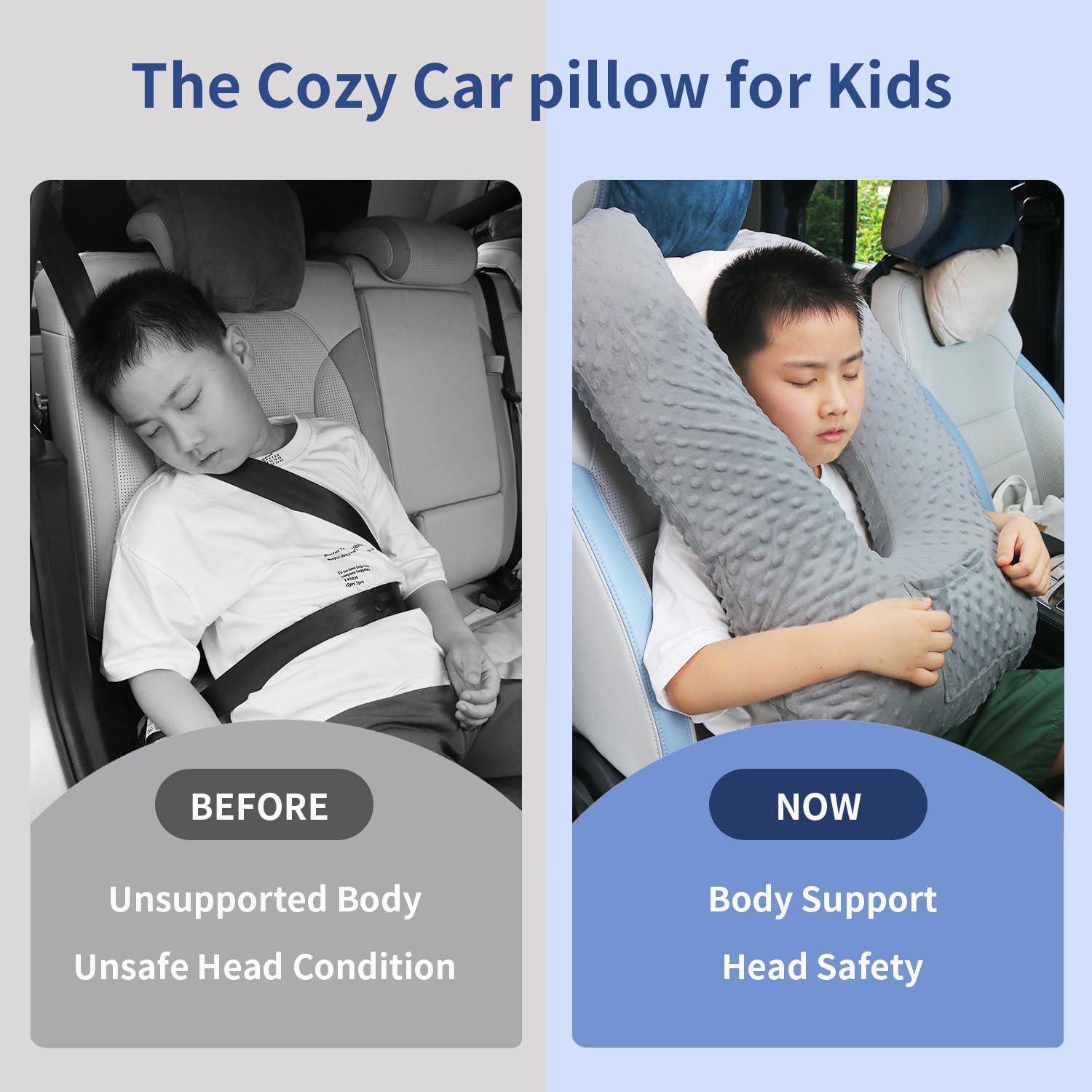 Travel Pillow for Kids & Adults, Car Pillow for Back Seat, Sleeping Support Cushion for Long Road Trips, Toddler Carseat Pillow with Removable & Washable Cover, Grey