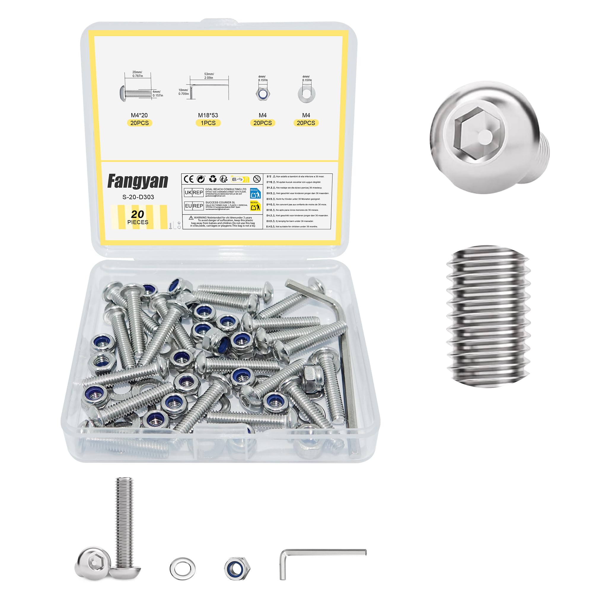 Fangyan 20 PCS M4 x 20mm Hex Socket Button Head Screws, Stainless Steel Machine Bolts with Nylon Lock Nuts, Flat Washers & Hex Wrench Assortment Kit for Furniture, Equipment & DIY Assembly