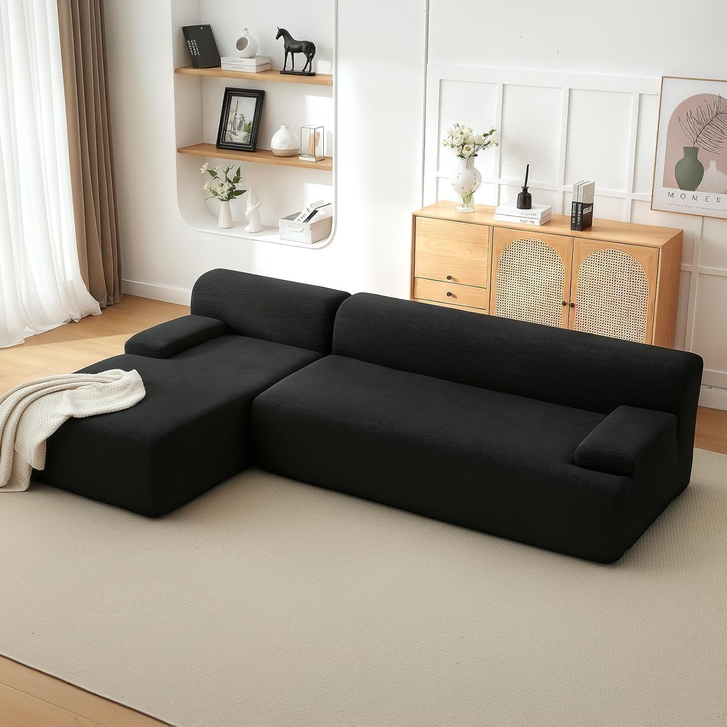 Acekool Sofá Esquinero Modular Estilo Nube 273 cm en Terciopelo Acanalado | Gran Chaise Longue a la Izquierda, Asiento Profundo, Entrega Compacta Sin Montaje
