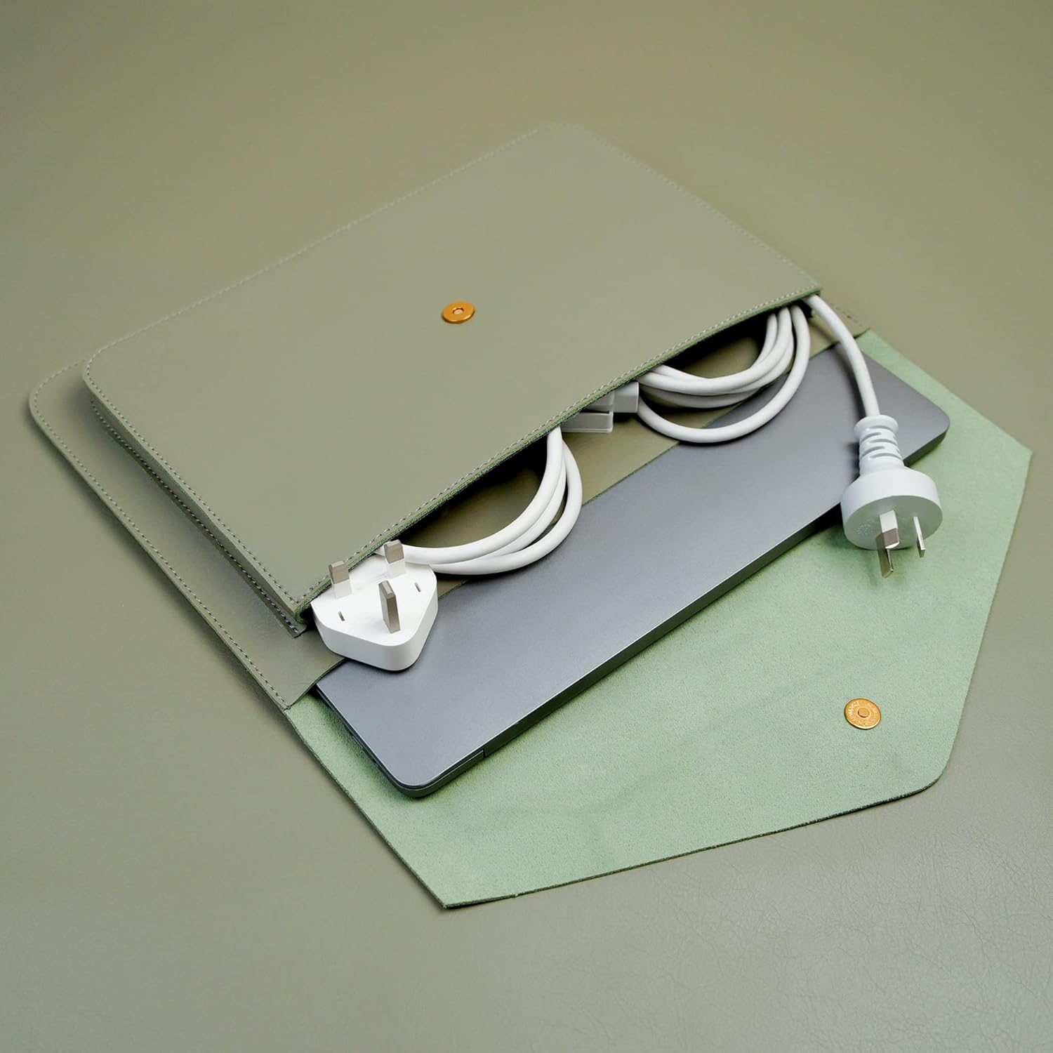 Leather Laptop Sleeve Compatible with New 15 inch MacBook Air A3114 M3 A2941 M2, Surface Laptop 15, Surface Book 13.5 Color Grey Green - Image 3