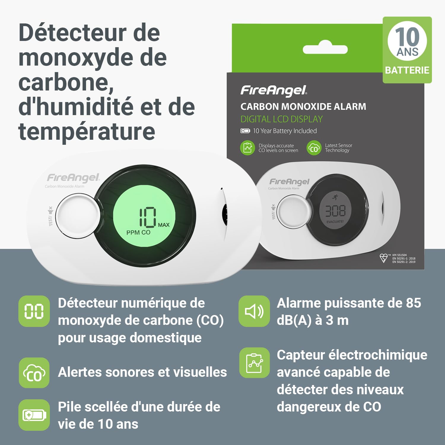 FireAngel FA3322, Détecteur de Monoxyde de Carbone Numérique, Moniteur de Détecteur de CO, capteur d'humidité et température Portable avec Pile 10 Ans, NF certifié