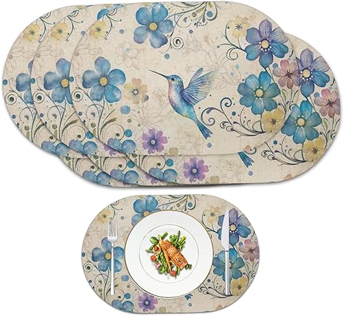 Miniatura 105 de Heat Resistant Placemats Oval Placemats Set of 6 Leather Washable and Wipeable Non Slip Place Mats, Waterproof Modern Dining Table Mats, Oval Floral