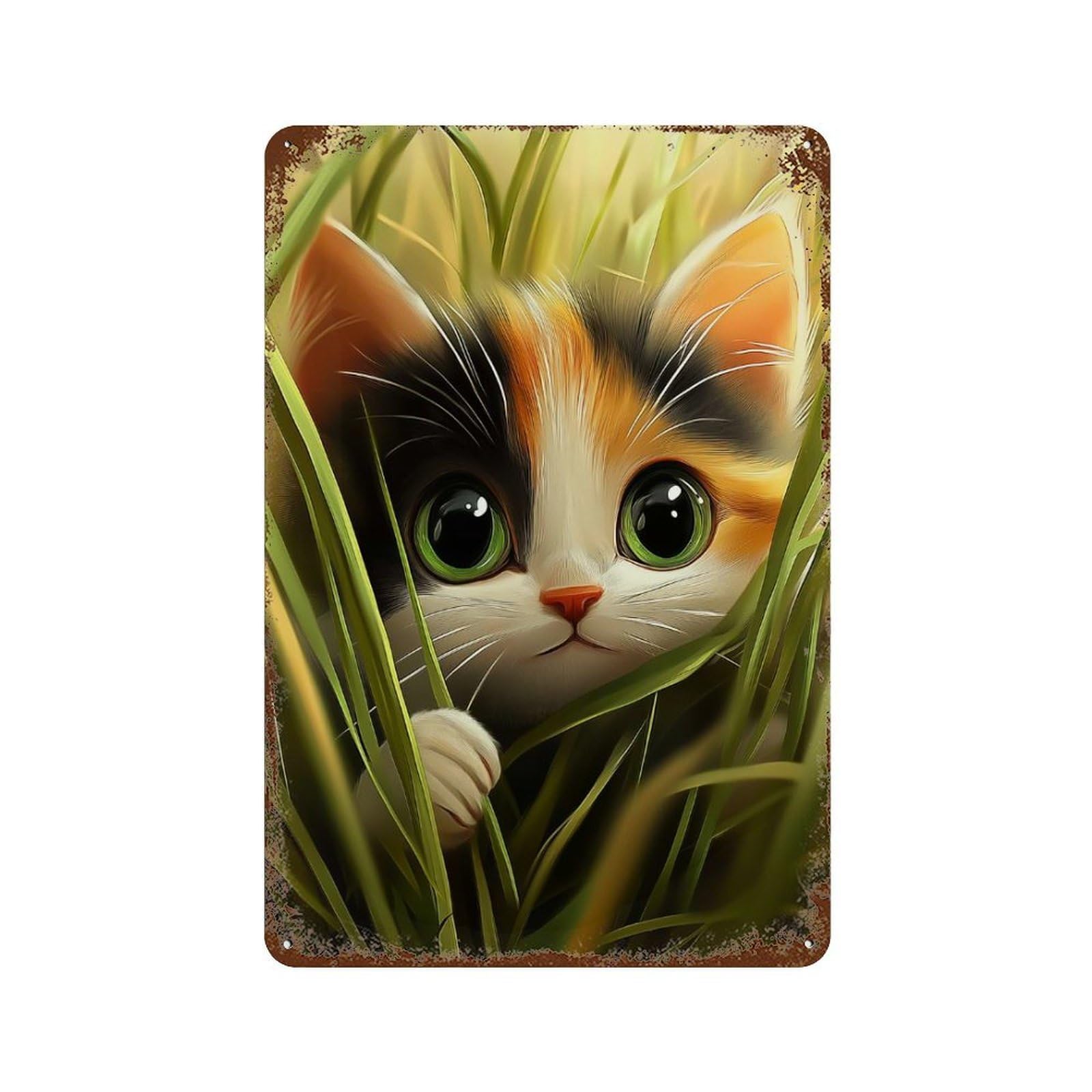 Calico Kitten in Grass Rust Effect Tin Sign 11.8"x7.9", Novelty Wall Decor for Patio, Garden Room And Bar Decor