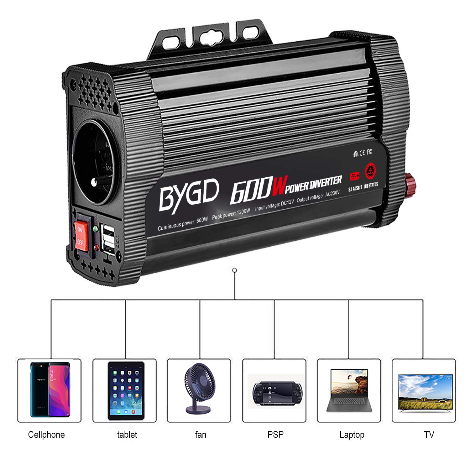 BYGD 600W Convertisseur 12v 220v, Convertisseur Allume Cigare Prise Electrique transformateur 12v 220v avec 1 Prise française et 2 Ports USB.