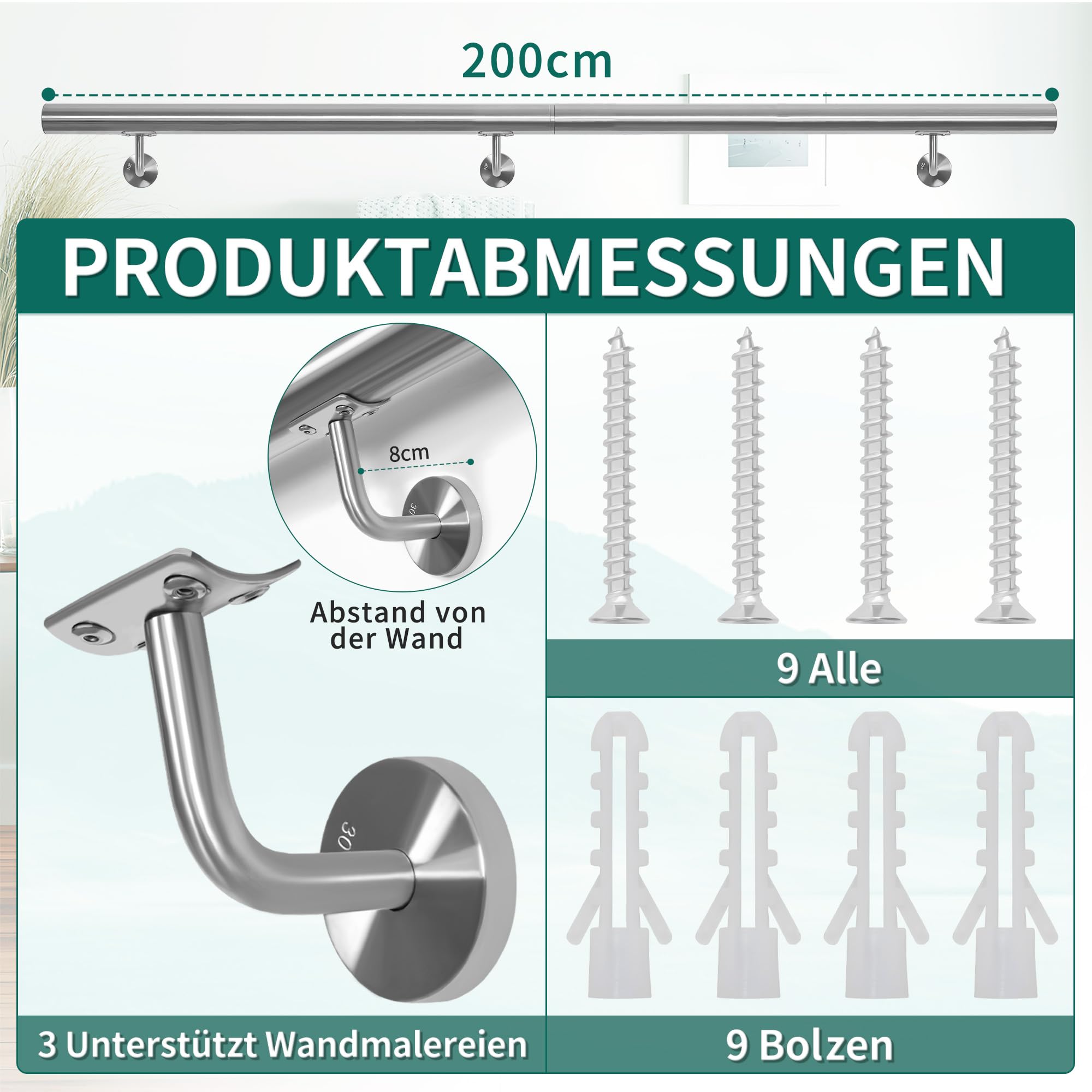 Edelstahl-Handlauf, 200CM Treppengeländer mit 42 mm Durchmesser