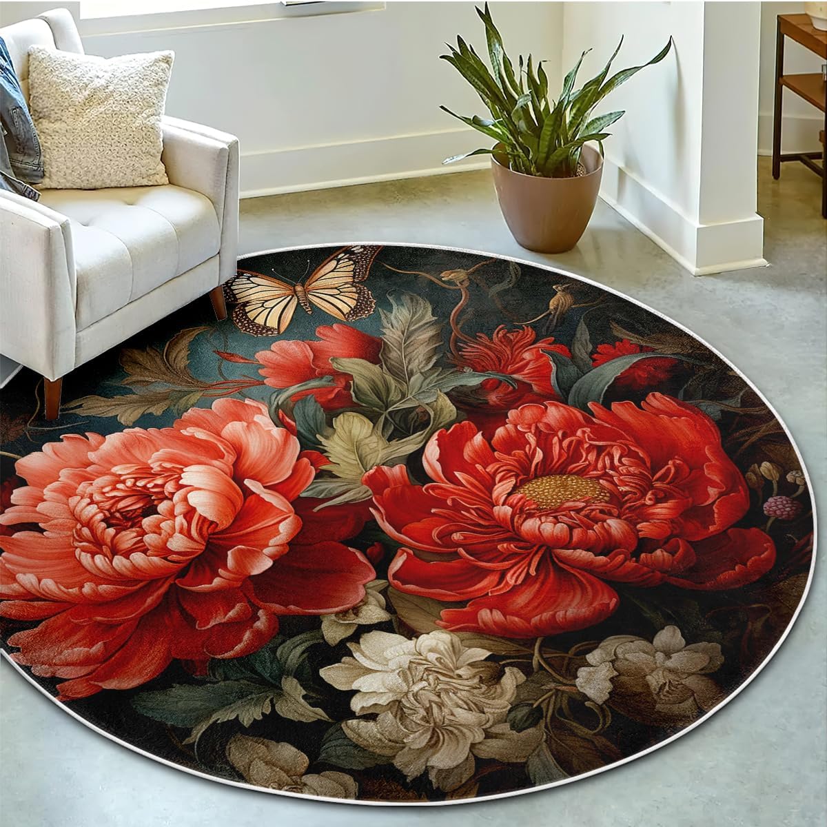 Red Peony Round Rug Oriental Floral 3×3 Circle Area Rug for