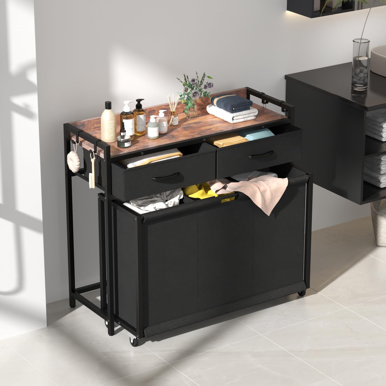 Gyfimoie Wäschekorb 3 Fächer – 120L Wäschesammler, Wäschesack mit 2 Schubladen, Wäschewagen mit Ablage, Wäschebox für Waschküchen, Schlafzimmer und Badezimmer (Schwarz)