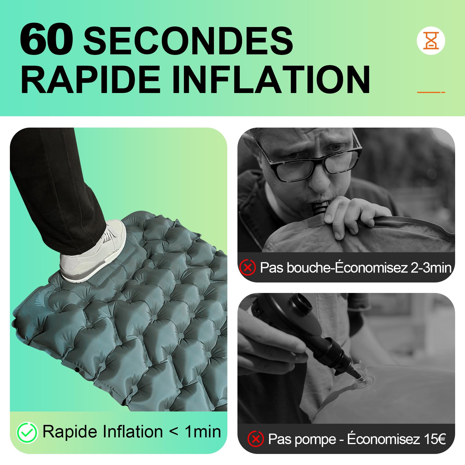 Matelas Autogonflant 2 Personnes, Matelas de Camping Autogonflant avec Pompe à Pied, Portable Tapis de Matelas Pneumatique pour la Randonnée, Plage, Voyage, Pique-Nique