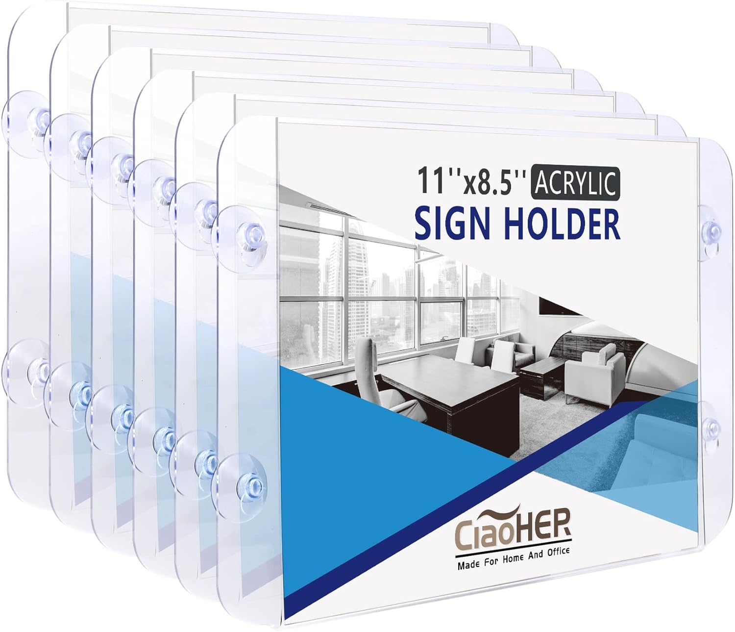 CiaoHER Acrylic Sign Holder 11 x 8.5, Clear Acrylic Frames Glass Window Wall Mount Advertising Signage Sign Holder with 4 Suction Cups for Mall, Office, Home, Restaurant, Landscape （6 Pack）