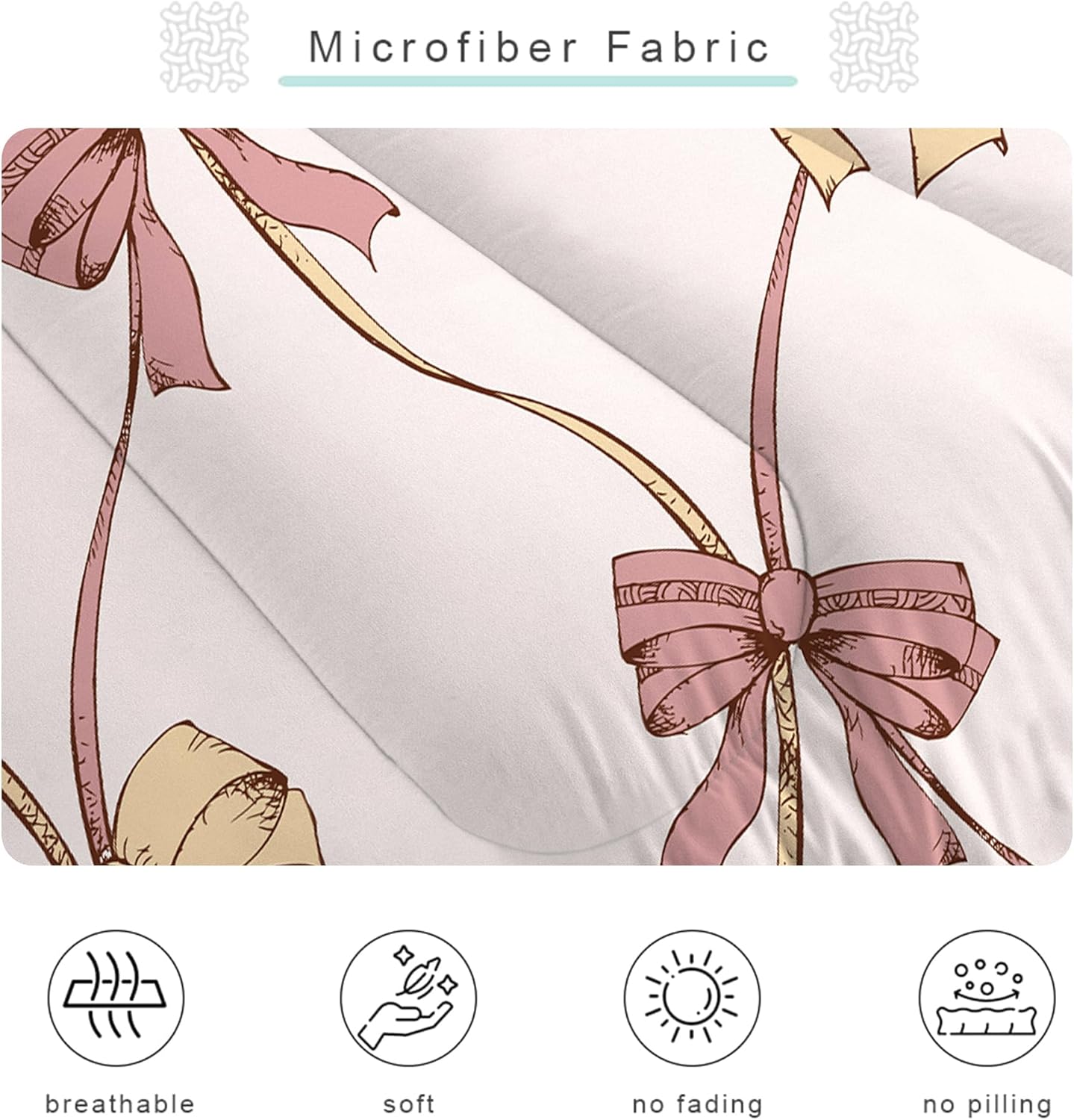 Pink and Beige Bows Comforter Set Queen Size Coquette Ribbon Bedding Set Grid Bowknot Soft Microfiber Quilt Bed Sets for Teen Girls Women Adults Bedroom Dorm Decor, 3 Piece