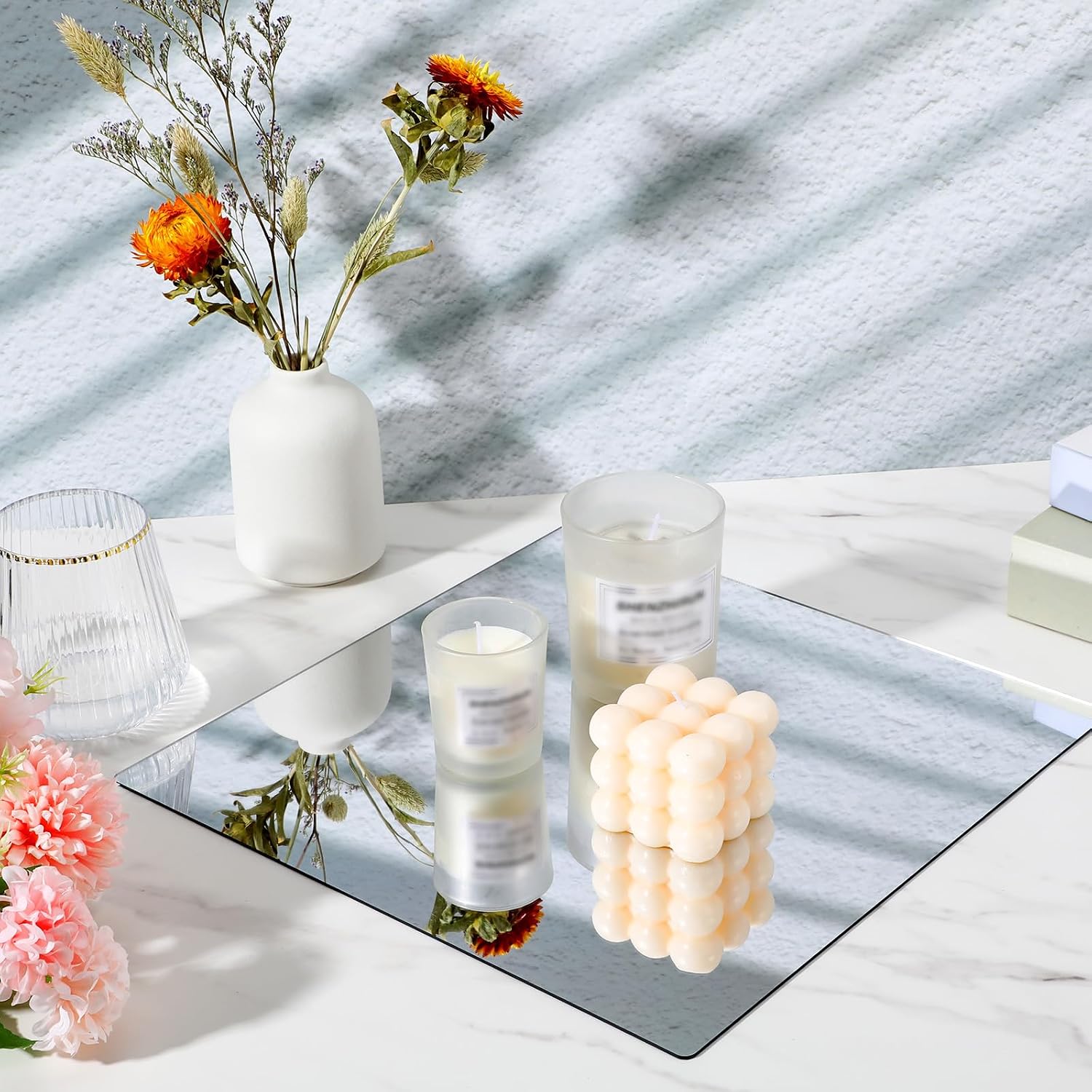 12pcs Acrylic Square Mirror Centerpieces for Tables,12" x 12" Bulk Mirror Tray Candle Holder Tray, 2mm Thick Mirrors Tiles for Dining Table, Wedding Decoration, Christmas Decoration