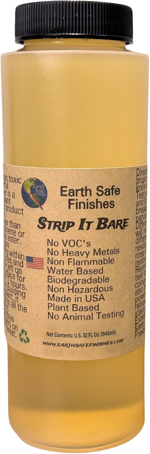 Earth Safe FInishes Strip It Bare Paint & Varnish Remover, Safe, Non Toxic, Eco Friendly No VOCs, Non Flammable, Non-Hazardous, Biodegradable, Low Odor, Bio Based (Strip It Bare Remover, 32oz)