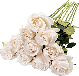 Nubry Artificial Silk Rose Flower Single Stem Lifelike Vintage Fake Rose for Wedding Bouquet Floral Arrangements Home Party Centerpiece Decoration, 10pcs (Vintage Ivory)
