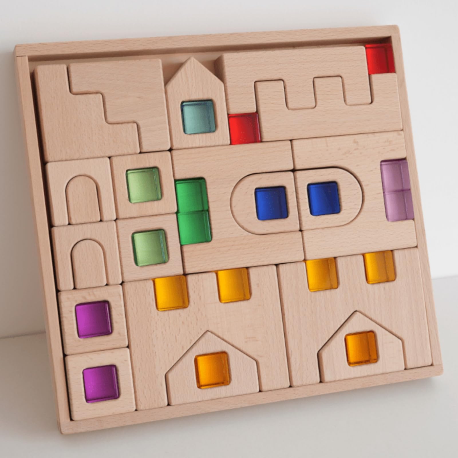 Kinder Lernbaustein Holzpuzzle Bausteinspiel Steckspiel Formensortierer Pädagogisches Spielzeug aus Buchenholz mit, Buchenholzschloss