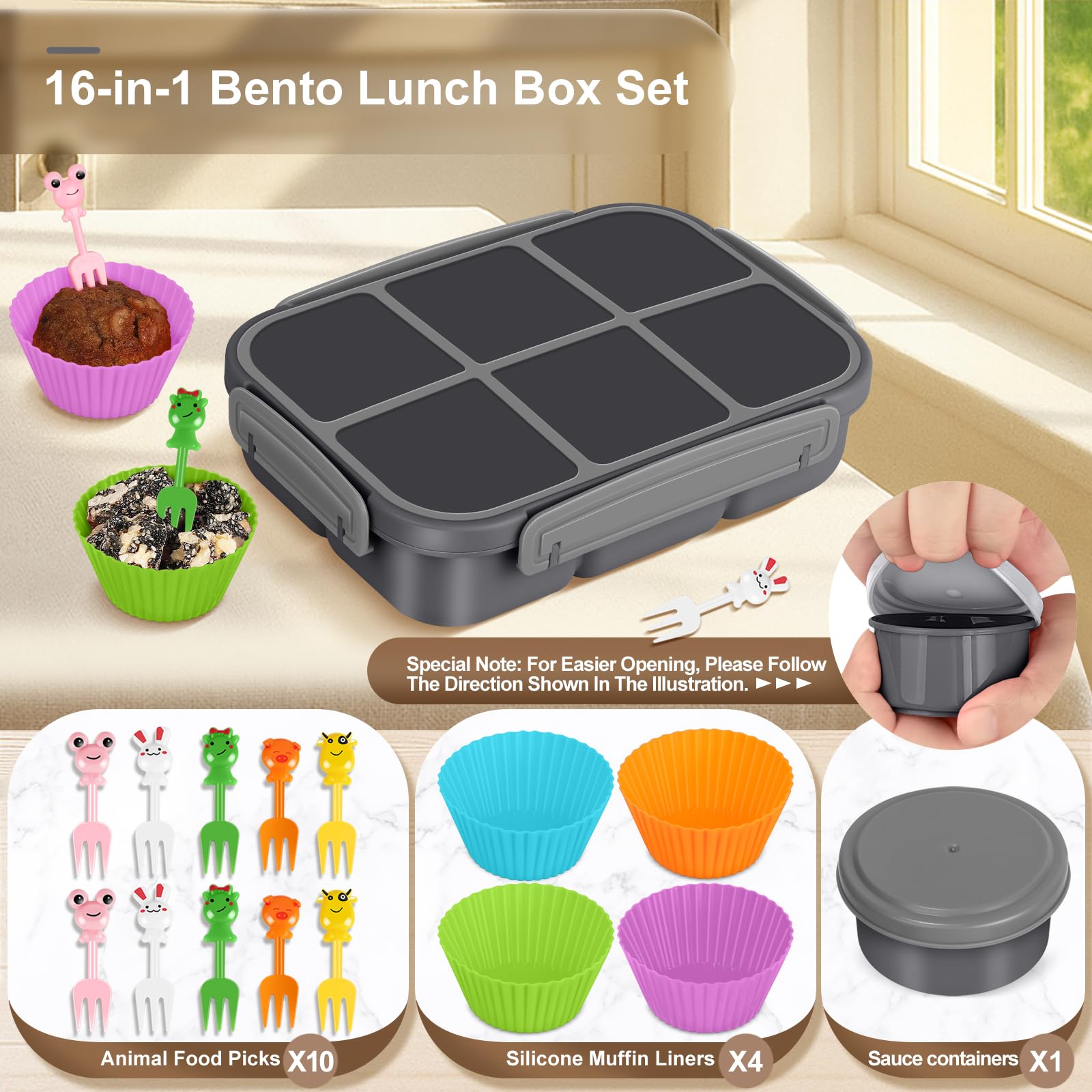 Amathley Brotdose Kinder mit FäChern,Bento Box Kinder,Brotdose Erwachsene,1200ml Lunchbox snackbox mit 6 FäChern,Saucenbehälter,10 Cartoon Bento Obstgabeln und 4 Muffinförmchen (Dunkelgrau) - 5