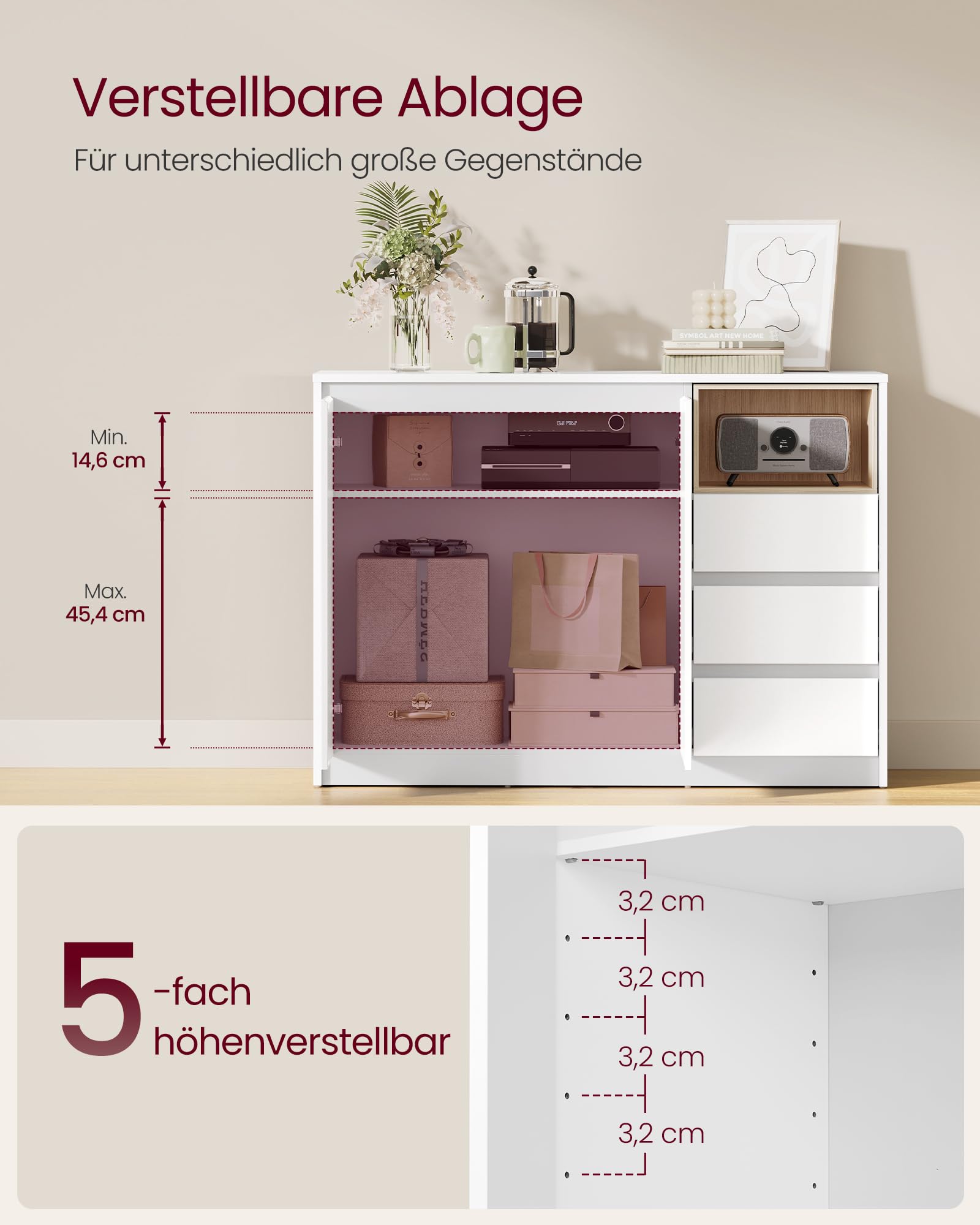 VASAGLE Kailyn Kollektion - Aufbewahrungsschrank, Sideboard, Küchenschrank mit Türen, höhenverstellbare Ablage, 3 Schubladen, modern, 40 x 103,3 x 74,5 cm, wolkenweiß BBK273W21V1