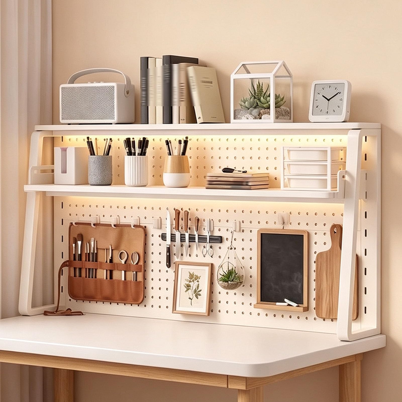 Estantería de Escritorio Blanca con Panel Perforado Organizador Mesa | Estante de escritorio blanco panel perforado de metal, accesorios para colgar y gran capacidad(2-tier,L60cm/23.6'')
