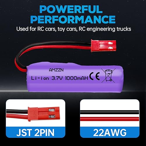 Miniatura 6 de Batería de iones de litio de 3.7 V 1000 mAh con enchufe JST-2P y cargador de 1 a 5 para Huina 1337 1338 1516 1517 RC vehículo de ingeniería,