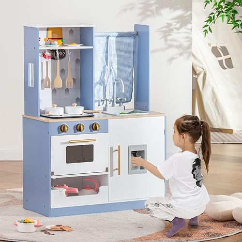 Miniatura 2 de INFANS Juego de cocina para niños, juego de cocina de madera con luz y sonido realistas, estufa, fregadero, microondas, armario de almacenamiento,