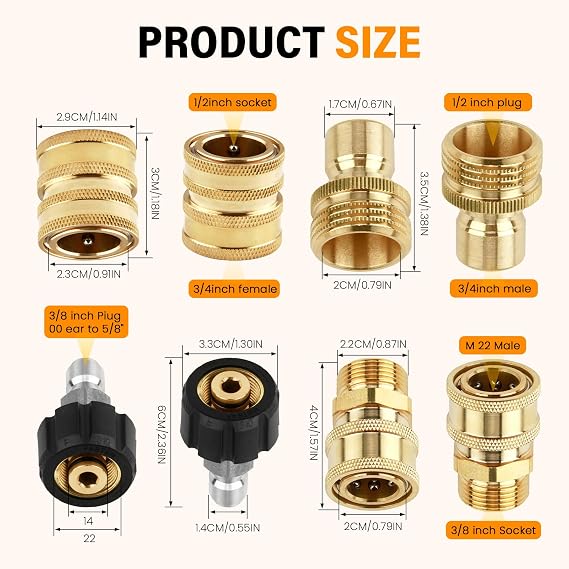 8 PCS Pressure Washer Adapter Set, Quick Disconnect Kit with M22 Metric Male Thread Quick Connector, M22 Swivel to 3/8'' Quick Connect, 3/4 to Quick Release