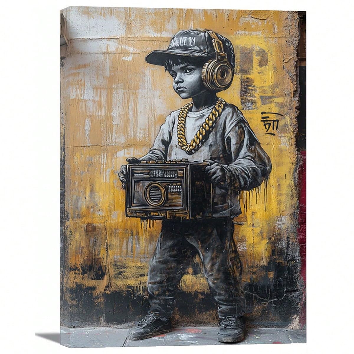 AIHNBF Graffiti Stampa su tela per ragazzo con boombox Street Art Urban Hip Hop Decorazione da parete Retro Musica Opera d'arte Giallo Nero Immagine moderna per soggiorno studio musicale adolescente