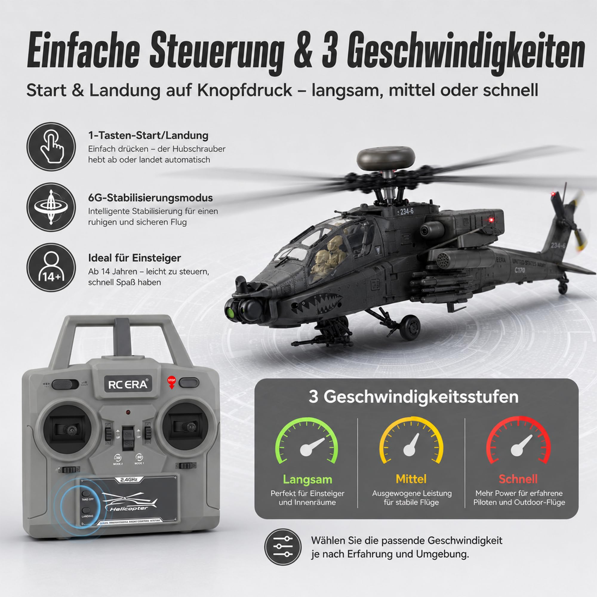 RC Hubschrauber C170 2,4GHz, 6-Kanal RC Helikopter mit 6-Achsen-Gyro, Optical Flow, TOF-Höhenhaltung, Brushless Motor, 3 Akkus (Dunkelgrau)