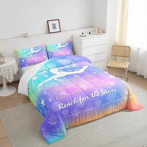 Miniatura 6 de Juego de edredón para niños amantes de la danza de gimnasia, tamaño matrimonial, juego de ropa de cama romántica de cielo estrellado y galaxia,