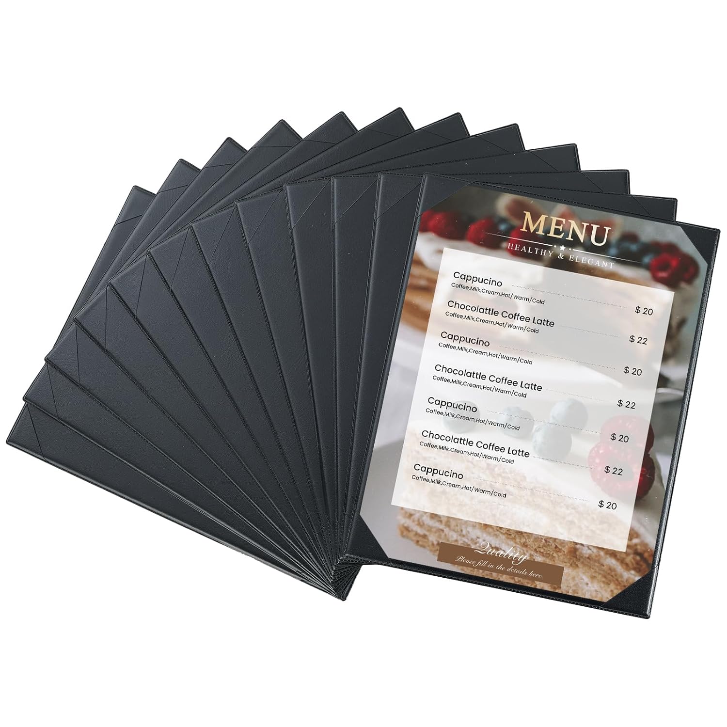 12 Pack 1 View 8.5" x 11" Menu Holder Menu Covers | Black Leather Menu Sleeves Book Style for Restaurant Coffee Bars Wine List Fit for Letter Size Paper 8.5" x 11"