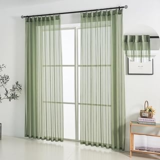 Sage Green Linen Look Pinch Pleated Sheer Curtains 102 Inches Long 2 Pan...