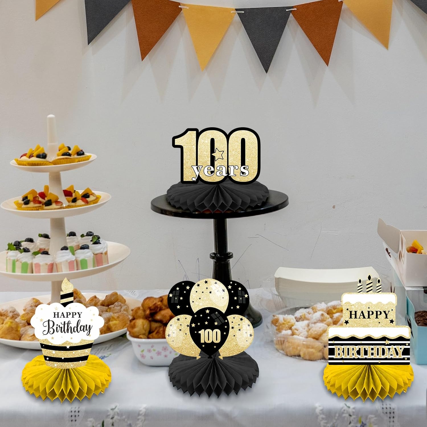 Happy 100th Birthday Honeycomb Centerpieces 8 Pieces Black Gold Theme 100th Birthday Tables Decorations 100 Years Centerpieces for Men Girls Birthday Party Favors Decorations Supplies - BECKTEN