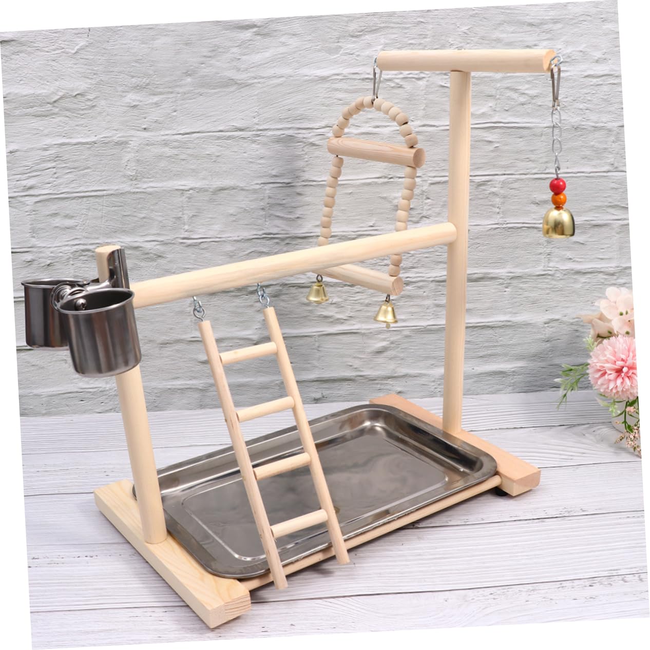 Papageienspielplatz mit Edelstahl Napfhalterung Vogelschaukel und Leiter Robust für Käfig und Garten Wellensittiche Zubehör Käfig Zufällige Farbe