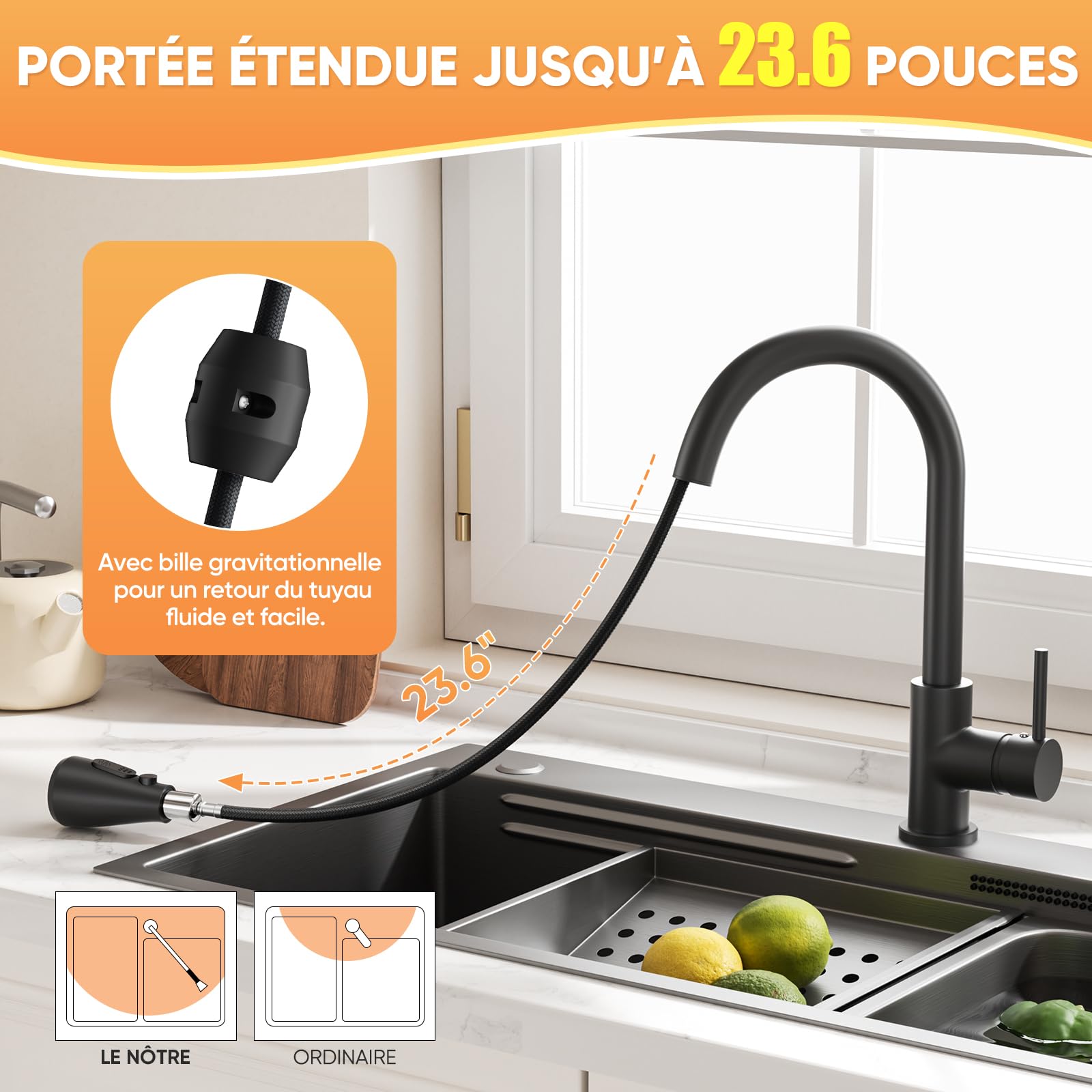 BESy Robinet Cuisine avec Douchette Rétractable, 3 Fonctions, Noir Mat