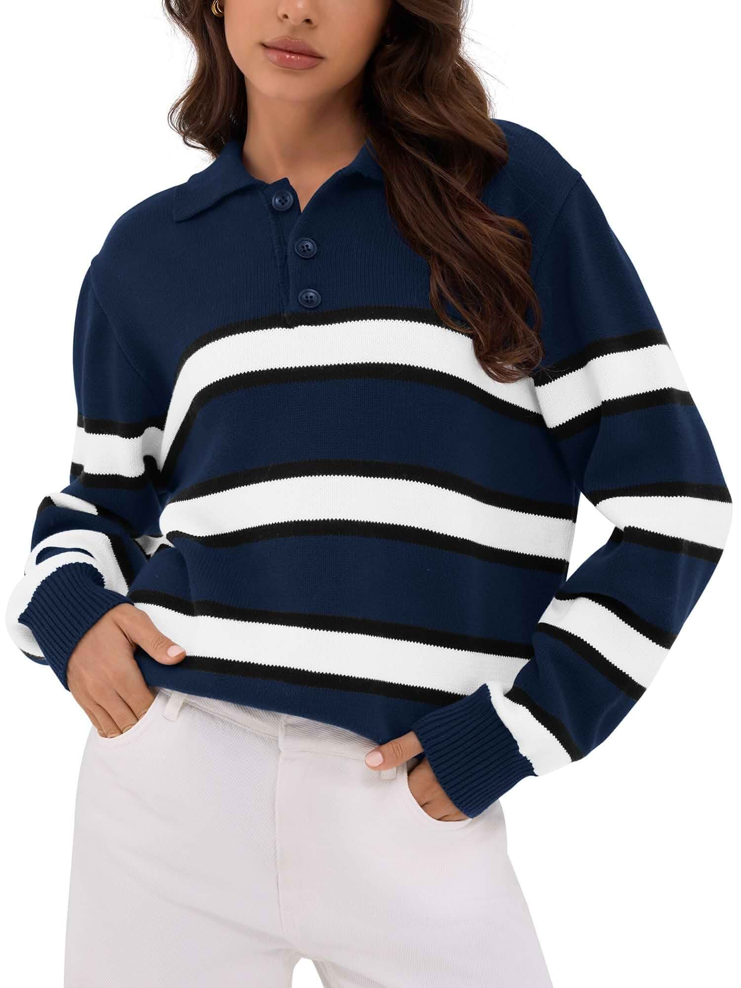 ZAFUL Women's Casual Striped Sweater 2025 Fall Outfits Trendy Color Block Pullover Winter Polo Sweaters Solid