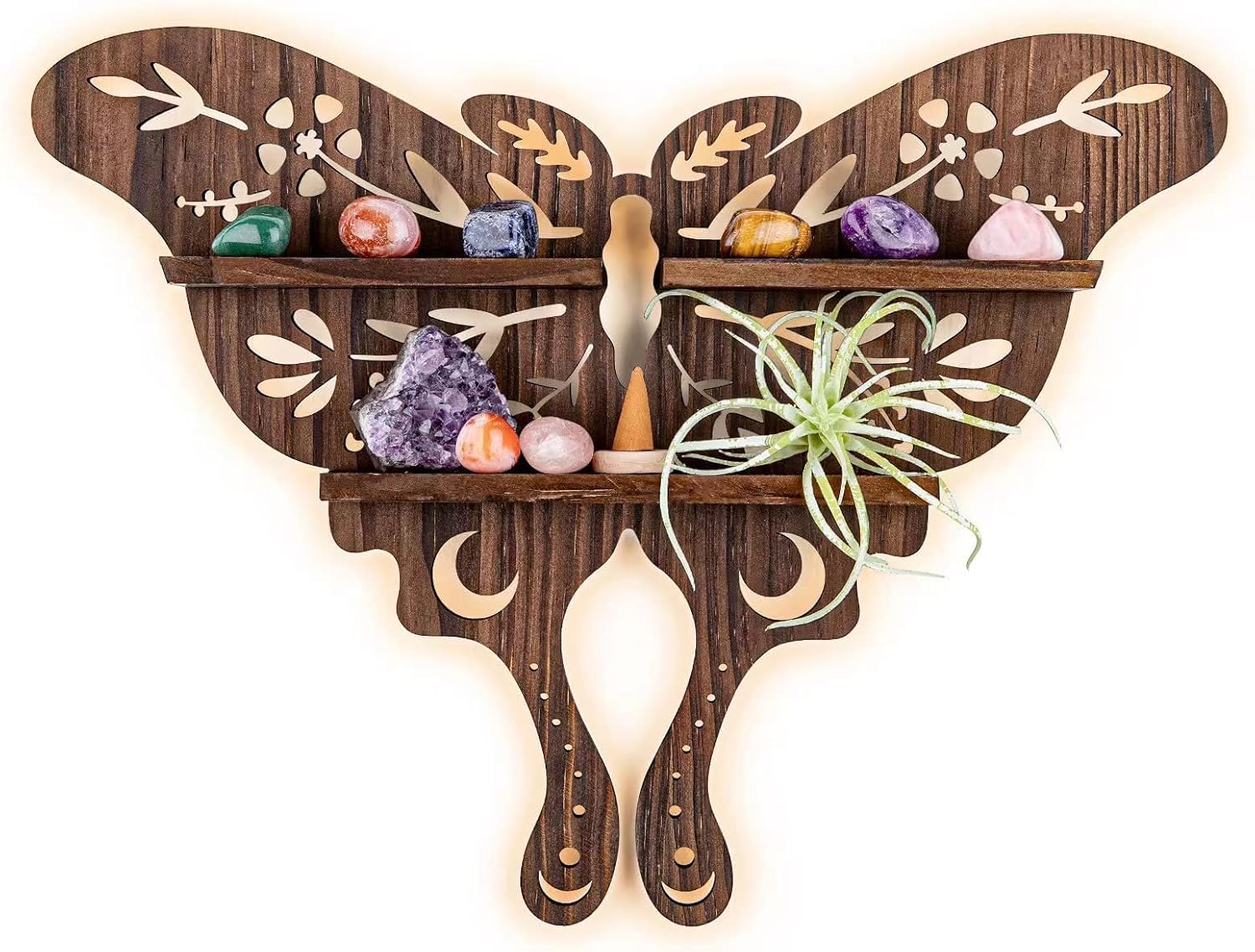 ANROYE Luna Moth Crystal Shelf Display, Boho Pine Wood Wall Floating Shelves with Light for Gem Stone Essential Oil Storage, Bohemian Wooden Butterfly Hanging Witch Rustic Decor Holder