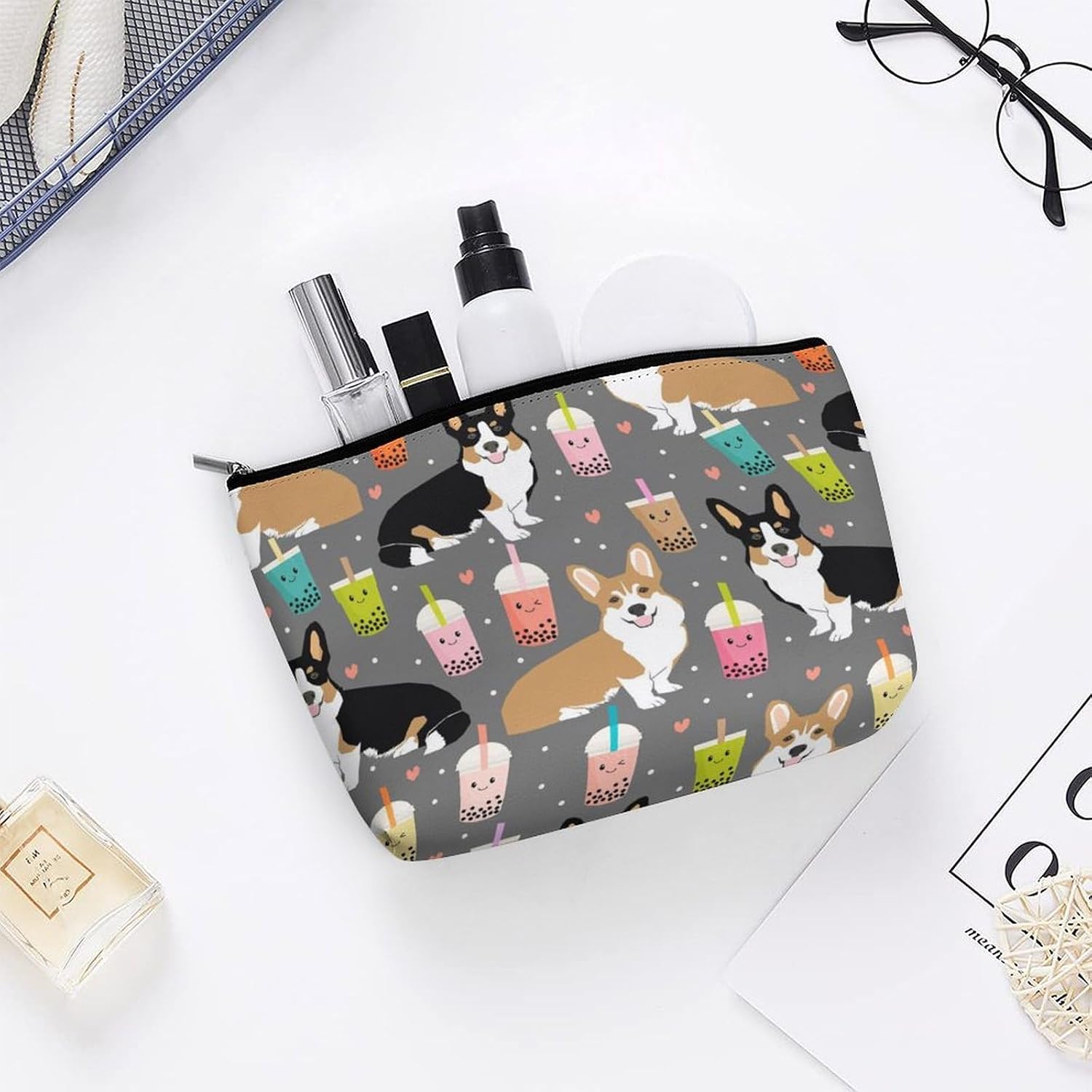 Cute Corgi Pet And Milk Tea Toiletry Bag Large Capacity Makeup Bag Travel Makeup Pouch Mini Cosmetic Bags Zipper Make Up Storage Pouch Make Up Organizer Tool Pouchs image 5