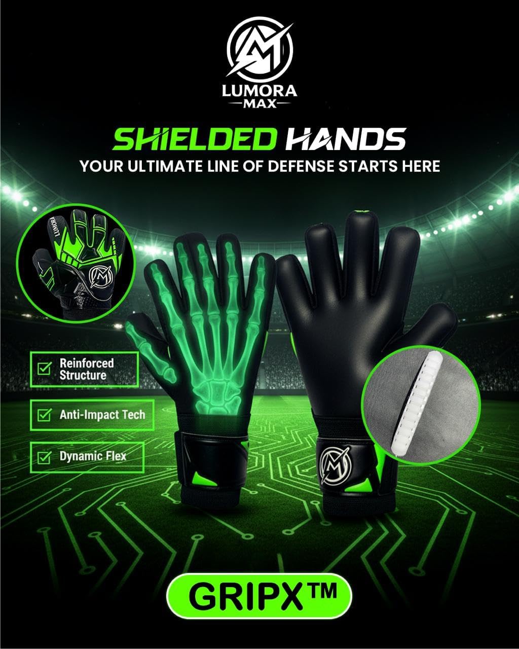 Pro Negative Cut Goalkeeper Gloves Finger Save Spines, German All-Weather Grip, 4mm Embossed Latex Backhand, Sizes 6-11