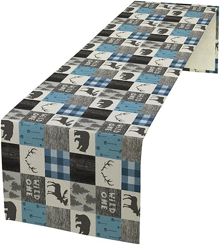 Camino de mesa de oso de alce, estilo campestre vintage, color gris y azul, siluetas de ciervo, empalme de siluetas de ciervos, caminos de mesa de