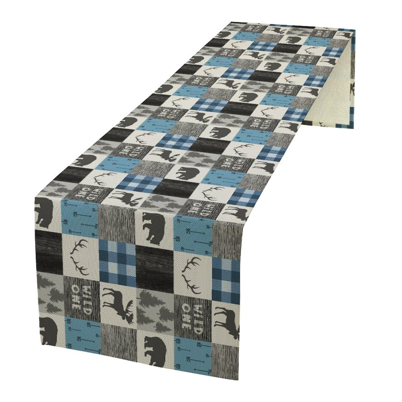 Moose Bear Table Runner, Vintage Country Style Grey Blue Plaid Deer Silhouettes Splicing Kitchen Table Runners for Family Dinner Banquet, Christmas Table Decor 13x90in