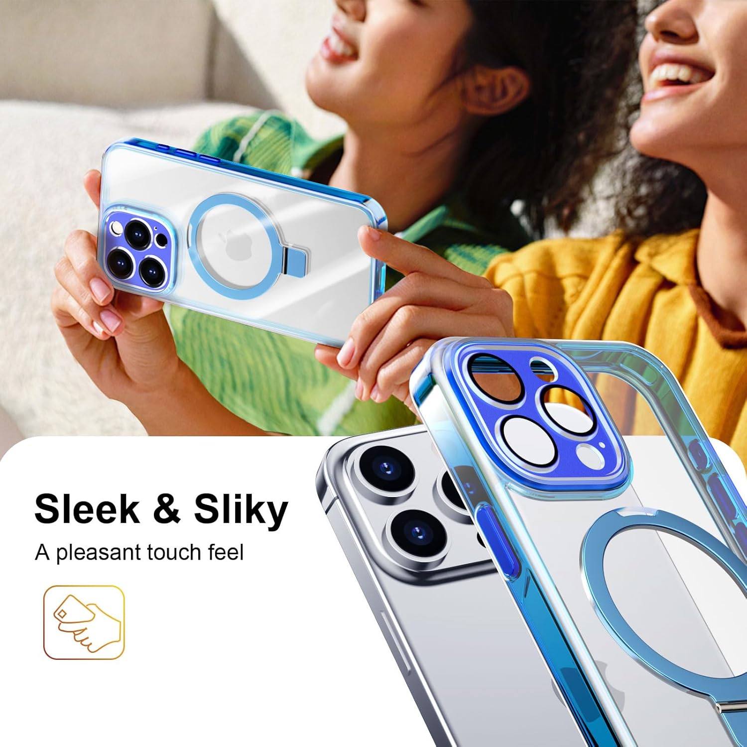 Magnetic Phone Case for iPhone 15 Pro 6.1 inches with Strong-Magnetic Ring Stand Compatible with Magsafe Military-Grade Shockproof, Camera All-Cover Protective Hard TPU+PC (Clear Blue)